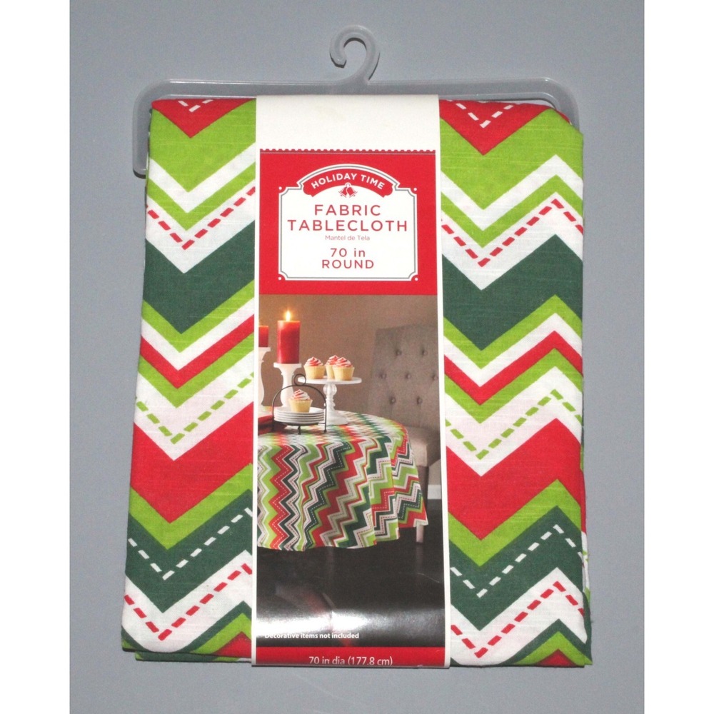 NEW Holiday Time 100% Cotton Cloth Christmas Tablecloth 70" Round Chevron Fiesta